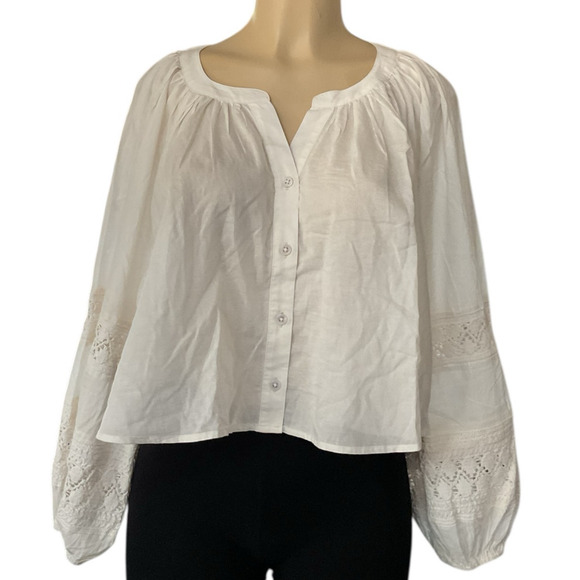 Aerie Natural Crochet Button Shirt Women’s S Boho Peasant Lace Ruffle Blouse NWT - Picture 3 of 10